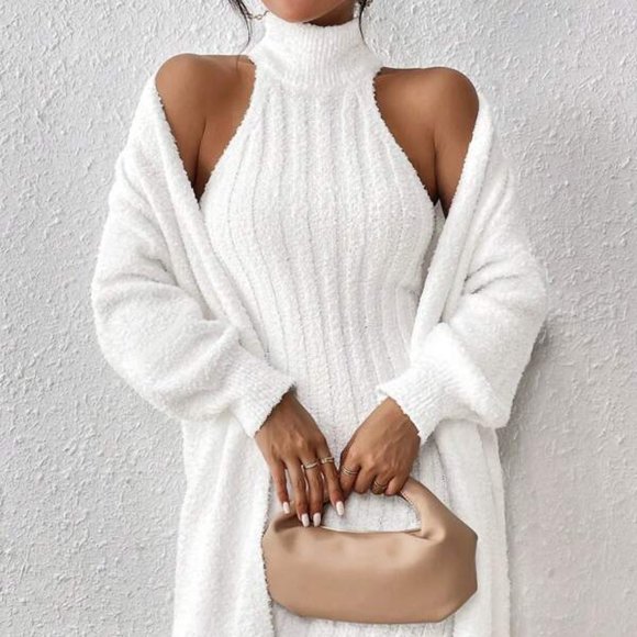 White Cardigan & Turtleneck Sweater Dress - Picture 5 of 6